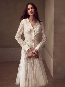 MOTF PREMIUM ELEGANT FAUX PEARL DECOR LACE CONTRAST MESH MERMAID HEM DRESS - White - View 8