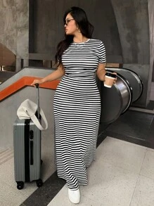 SHEIN EZwear 大码休闲条纹针织短袖长裙