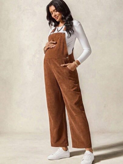 Boho Mama Maternity Plain Button Design Insert Pocket Casual Bib Overalls