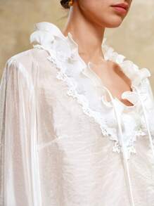 Arave French Lace V-Neck Ruffle Hem Lantern Sleeve Blouse For Women Fall Women Clothes Fall Outfits Women Fall Autumn Clothes All White - White - View 2