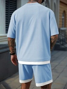 Manfinity Homme 男士字母印花圆领短袖休闲T恤和抽绳腰短裤套装，休闲淡蓝色圆领T恤和短裤套装，舒适服装 - 淺藍色 - 查看 2