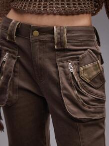 ROMWE Grunge Punk Vintage Distressed Y2K Flare Jeans - Brown - View 2