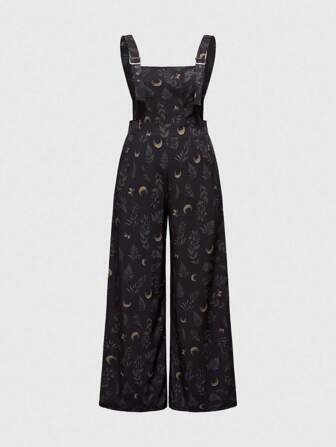 Hippie Plus Size Women Plant & Moon Print Wide Leg Loose Bib Jumpsuit