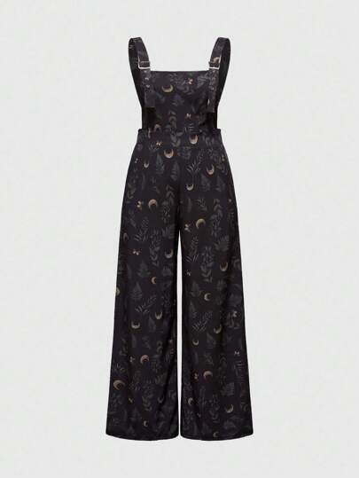 Hippie Plus Size Women Plant & Moon Print Wide Leg Loose Bib Jumpsuit,Fall Clothes For Women