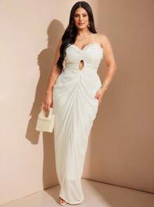 SHEIN BAE Vestido de mujer talla grande en color crema y albaricoque, con escote en V y diseño calado fruncido, para primavera/verano, otoño, Halloween, regreso a la escuela, Navidad, invierno, vestidos de verano para mujer, vestido de invitada de boda para mujer con curvas, vestidos de talla grande, atuendos de cumpleaños para mujer, atuendos de vacaciones para mujer, vestidos formales para mujer, ropa occidental para mujer, amarillo mantequilla