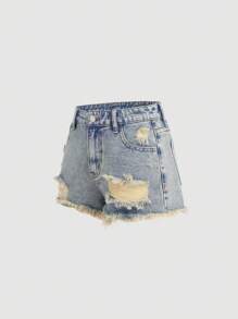 SHEIN Teen Girl Y2K Blue Denim Shorts,Summer Streetwear Vintage Washed Low Waist Ripped Baggy Jeans With Raw Hem,Holiday Casual 2000s Back To School Outfit - Dark Wash - View 6