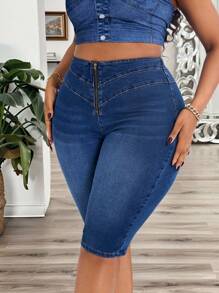 SHEIN SXY Plus Size Autumn Women High Waist Zipper Personalized Fashion Cropped Jeans Vacation Outfit