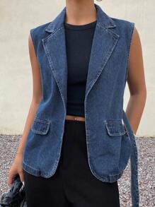 DAZY 女式V领系腰无袖牛仔衬衫 - 藍色 - 查看 1