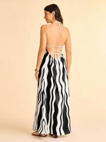 CAJUNI Women's Boho Style Vacation Casual Beach Abstract Stripe Print Halter Backless Maxi Dress - Multicolor - View 2
