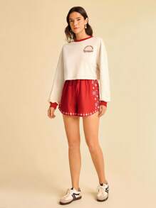 CAJUNI 女士休闲度假美人鱼印花长袖短款运动衫秋冬女装 - 杏色 - 查看 7