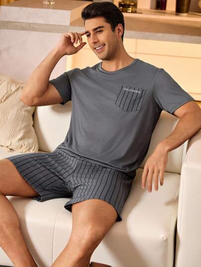 SHEIN 2pcs Men's Striped Print Round Neck Short Sleeve Top & Shorts Pajama Set