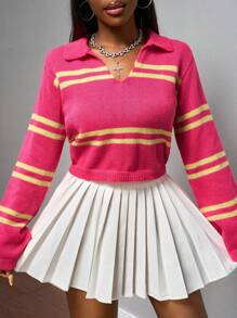 Slaydiva Mùa thu sớm, mùa thu đông, mùa tựu trường, lễ hội âm nhạc, lễ hội hóa trang, phong cách đường phố thường ngày, hẹn hò hàng ngày gợi cảm, người nổi tiếng trên mạng, thanh lịch thường ngày, đi làm, phong cách công sở, phong cách giả, cổ polo, cổ chữ V, tay dài, dáng rộng, áo len ngắn màu vàng, áo len sọc đỏ hồng, áo len, áo dệt kim, áo len nữ công sở, mùa tựu trường, lễ hội âm nhạc sôi động - Màu Hồng Tươi - Xem 3