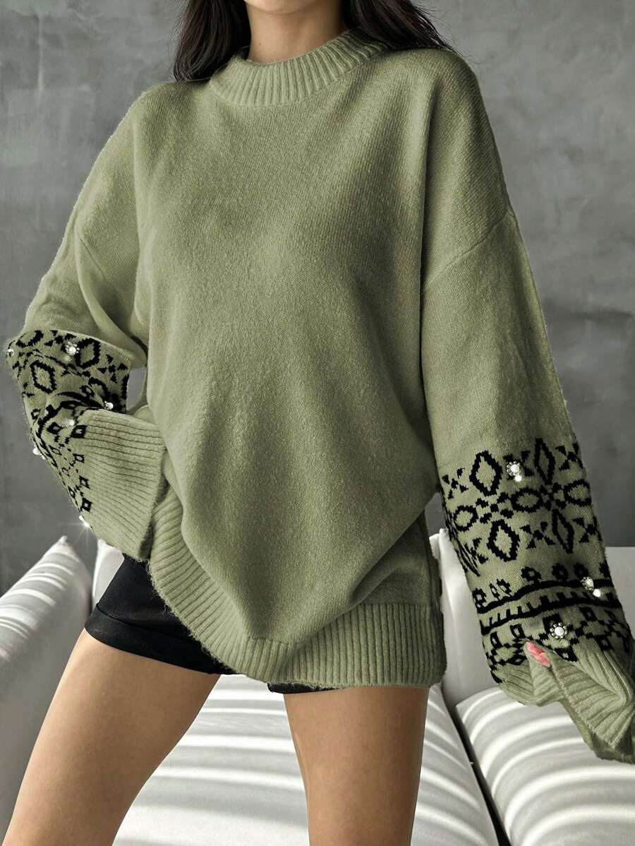 EURMUSE Women's Autumn Winter Casual Geometric Pattern Beaded Decorative Sweater - Olive Green - View 1