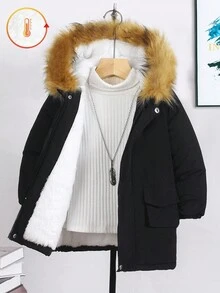 SHEIN Genkimix Kids 1 件年轻男童加厚纯色休闲长袖长款棉夹克，适合日常穿着、通勤、上学、秋冬、户外活动 - 黑色 - 查看 3