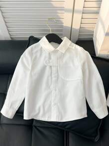 SHEIN Tween Boy Casual Solid Color Long Sleeve Shirt, Autumn - White - View 5