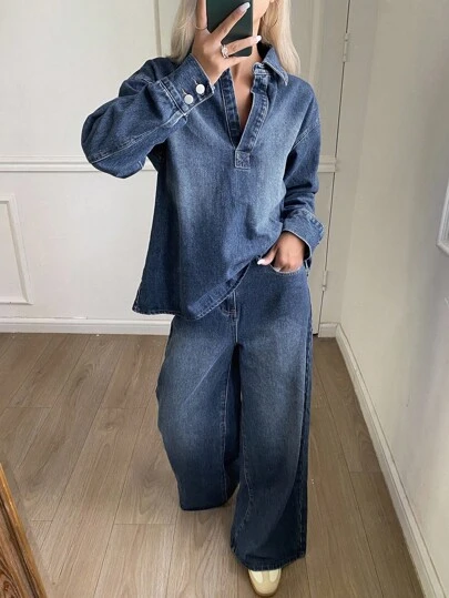 Livesso Autumn New Loose Casual Denim Shirt & Pants 2-Piece Suit For Women, Back To School