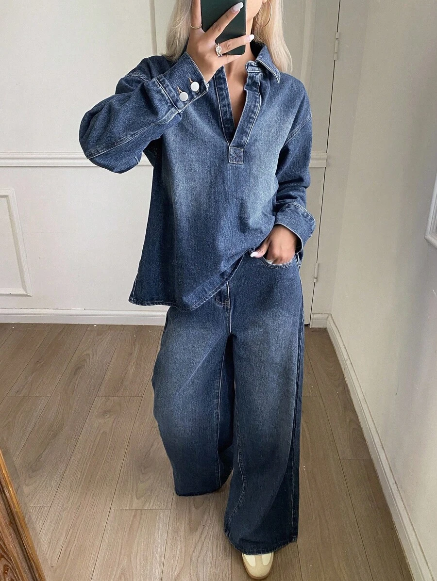 Livesso Autumn New Loose Casual Denim Shirt & Pants 2-Piece Suit For Women, Back To School - Blue - View 1