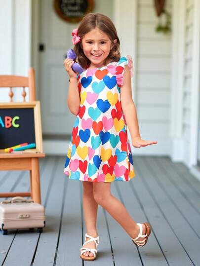 SHEIN Young Girl's Knitted Round Neck Cap Sleeve Loose Casual Dress With Heart Pattern