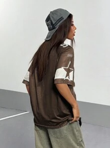 SHEIN PETITE 超大V领字母印花T恤和小码，春夏