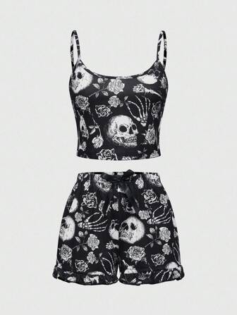 Goth Gothic Totenkopf & Rosen Muster Trägerhemd & Shorts Pyjama Set, Lässig Nachtwäsche