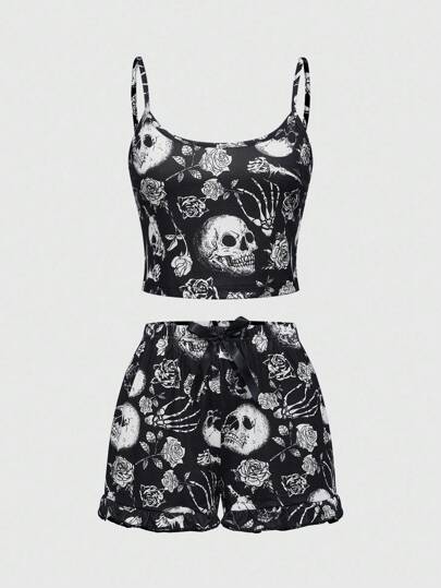 Gothic Skull & Rose Print Camisole & Shorts Pajama Set, Casual Sleepwear, Halloween