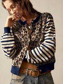 Cárdigan de manga larga con botones delanteros y estampado de leopardo y rayas para mujer, cárdigan de estampado de leopardo, cárdigan a rayas para mujer en otoño/invierno - Multicolor - Ver 2