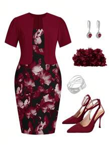 SHEIN Clasi 加大码女式花卉印花拼布泡泡袖二合一优雅连衣裙生日服装女式花卉印花连衣裙套装 - 酒紅色 - 查看 1