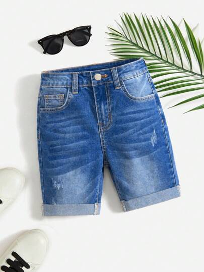 SHEIN Tween Boy Fashion Casual Light Blue Stretch Hem Skinny Denim Shorts For Kids Clothes Boys Soft Dailywear And Kids Summer And Spring Clothes