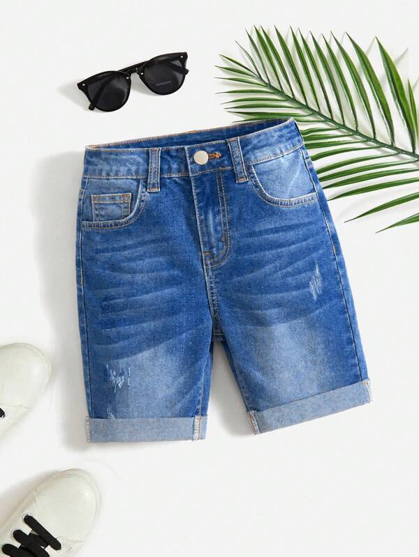 SHEIN Tween Boy Fashion Casual Light Blue Stretch Hem Skinny Denim Shorts For Kids Clothes Boys Soft Dailywear And Kids Summer And Spring Clothes