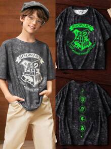 HARRY POTTER X SHEIN Tween Boy Animal Print Gray Tie-Dye Short Sleeve T-Shirt - Dark Grey - View 2