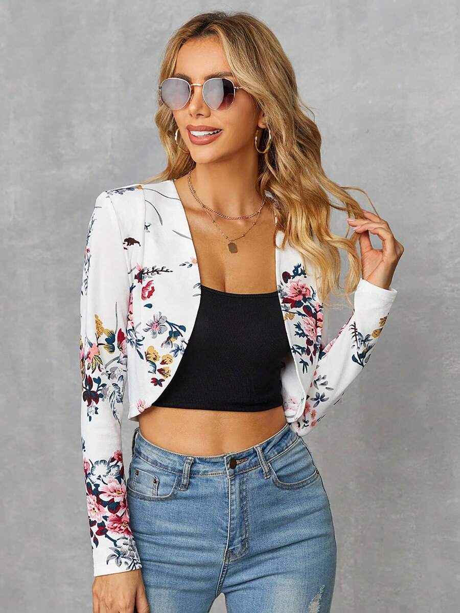 SHEIN Clasi Floral Print Open Front Crop Blazer In Fall/Winter