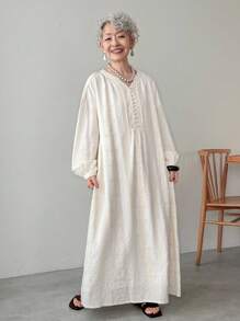 FRIFUL Women's Beige Drop Shoulder Long Sleeve Embroidered Dress Maxi Dress - Beige - View 2