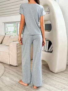 SHEIN 女士休闲圆领蕾丝拼布纯色针织短袖睡衣套装