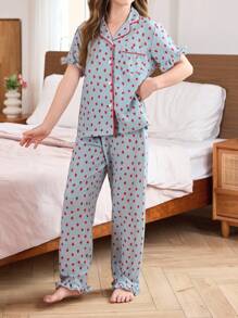 2 件套女童草莓印花荷叶边领短袖上衣 + 裤子睡衣套装，春夏儿童休闲家居服或睡衣