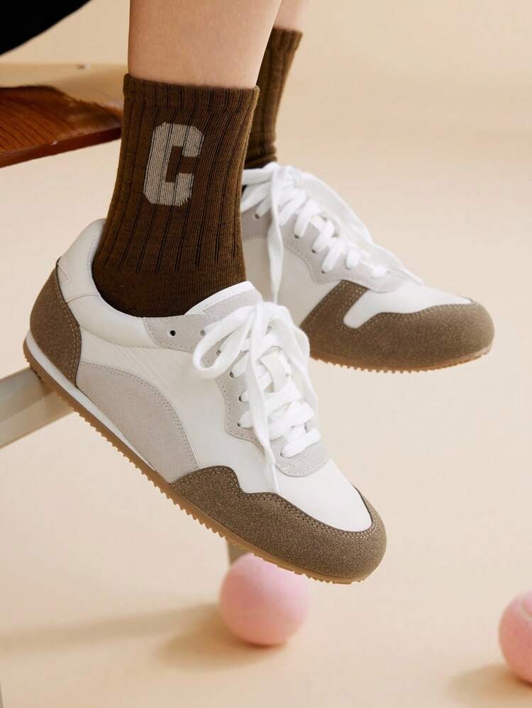 CUCCOO EASI Women Patchwork Colorblock Casual Round Toe Flat Athletic Sneakers, PU Leather Brown Everyday Outdoor Sporty Shoes