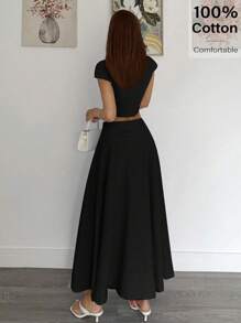 Siren Gaze Damen Set aus einfarbigem Fledermausärmel-Crop-Top mit asymmetrischem Saum und Mini-Rock, modisch