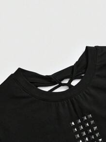 ROMWE Spring/Summer Graphic Black Plus Size Grunge Punk Inspired Asymmetric Shoulder Loose Black & Grey Retro Striped T-Shirt, Plus Size - Black - View 3