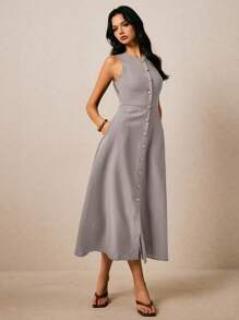 Poéselle 度假休闲纯色前扣无袖连衣裙