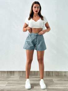 EURMUSE 100%Cotton Snow Wash Denim Shorts For Summer - Light Wash - View 4