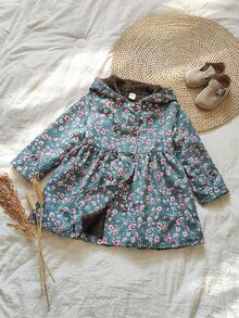 SHEIN Vintaside Kids 年轻女孩卡其色保暖内衬连帽双排扣时尚外套，适合日常休闲穿着 - 軍綠色 - 查看 3
