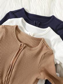 Set de 3 piezas Mameluco/Enterizo de punto acanalado con cuello redondo, manga larga y cremallera delantera para bebé recién nacido niño, suave y cómodo - Multicolor - Ver 4