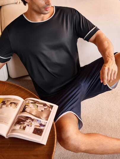 Manfinity Underwear&Sleepwear Basics 2 Pieces Men's Contrast Trim Short Sleeve Shorts Sleepwear & Pajama Set