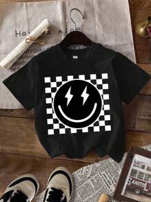 SHEIN Leap Crew 可爱复古格子豹纹卡通笑脸图案少女休闲卡通图案 T 恤，适合夏季 - 彩色 - 查看 3
