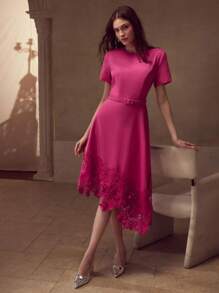 MOTF PREMIUM CONTRAST GUIPURE LACE HEM BUCKLE BELTED SHORT DRESS