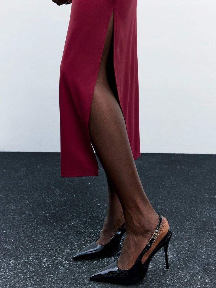 SHEIN Maija Abito asimmetrico da donna per l'autunno con fibbia ad anello metallica sulla spalla, spacco laterale, colore bordeaux. Abito casual elegante, versatile, adatto per ufficio, festa, vacanze, uscite, matrimoni come invitata.