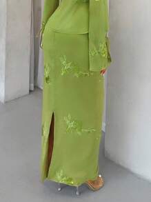 SHEIN SXY 女士绿色亮片刺绣开衩下摆时尚半身裙，适合婚礼宾客、秋季外出度假、波西米亚风性感狂欢音乐会半身裙、约会之夜、俱乐部、伊比沙岛、度假 - 綠色 - 查看 2