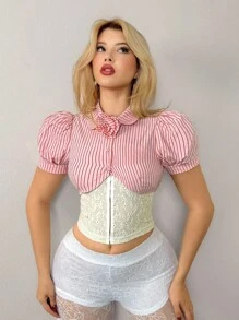 Sweetina 2 件女式不对称 3D 玫瑰装饰泡泡袖短上衣和修身上衣套装 - 粉色 - 查看 1