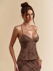 SHEIN BAE Áo hai dây mảnh, chất liệu jacquard, không tay, thích hợp cho nữ, kiểu áo tank top đi nghỉ mát, mùa xuân/hè. - màu nâu - Xem 4