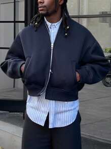 Manfinity Dauomo 男士休闲纯色拉链斜口袋连帽衫 - 藏蓝色 - 查看 1