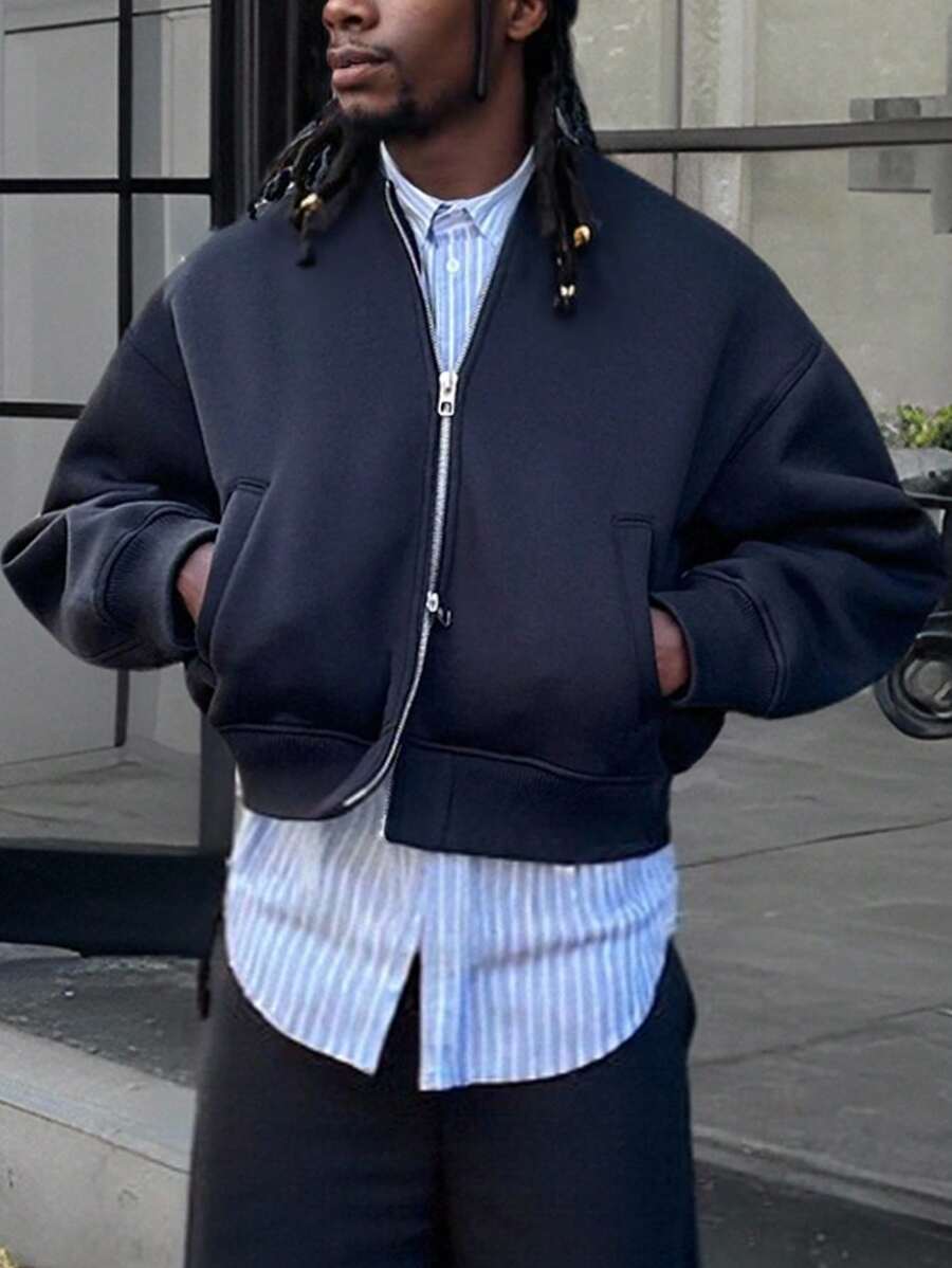 Manfinity Dauomo 男士休闲纯色拉链斜口袋连帽衫 - 藏蓝色 - 查看 1